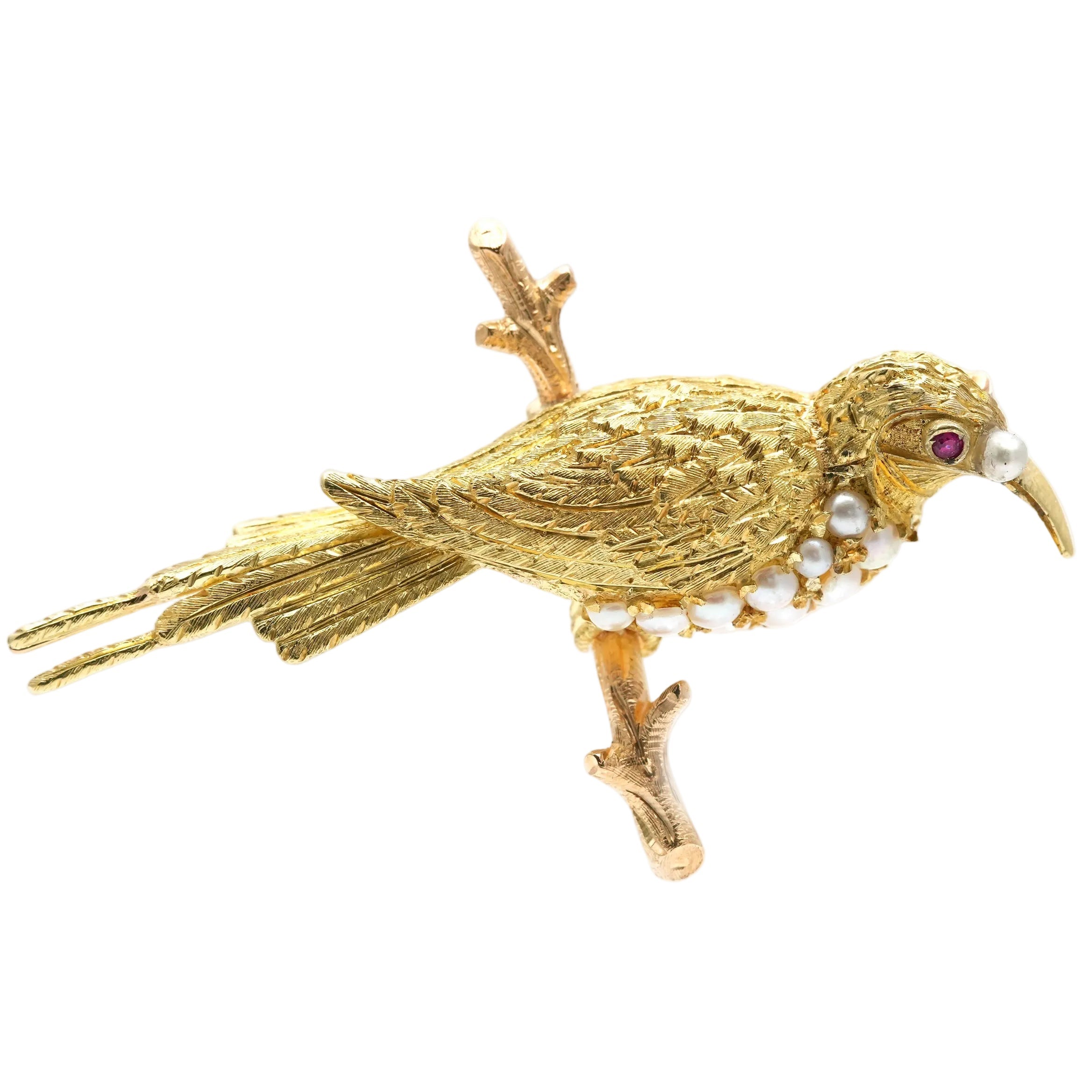 Broche Épingle en or jaune, perles et rubis