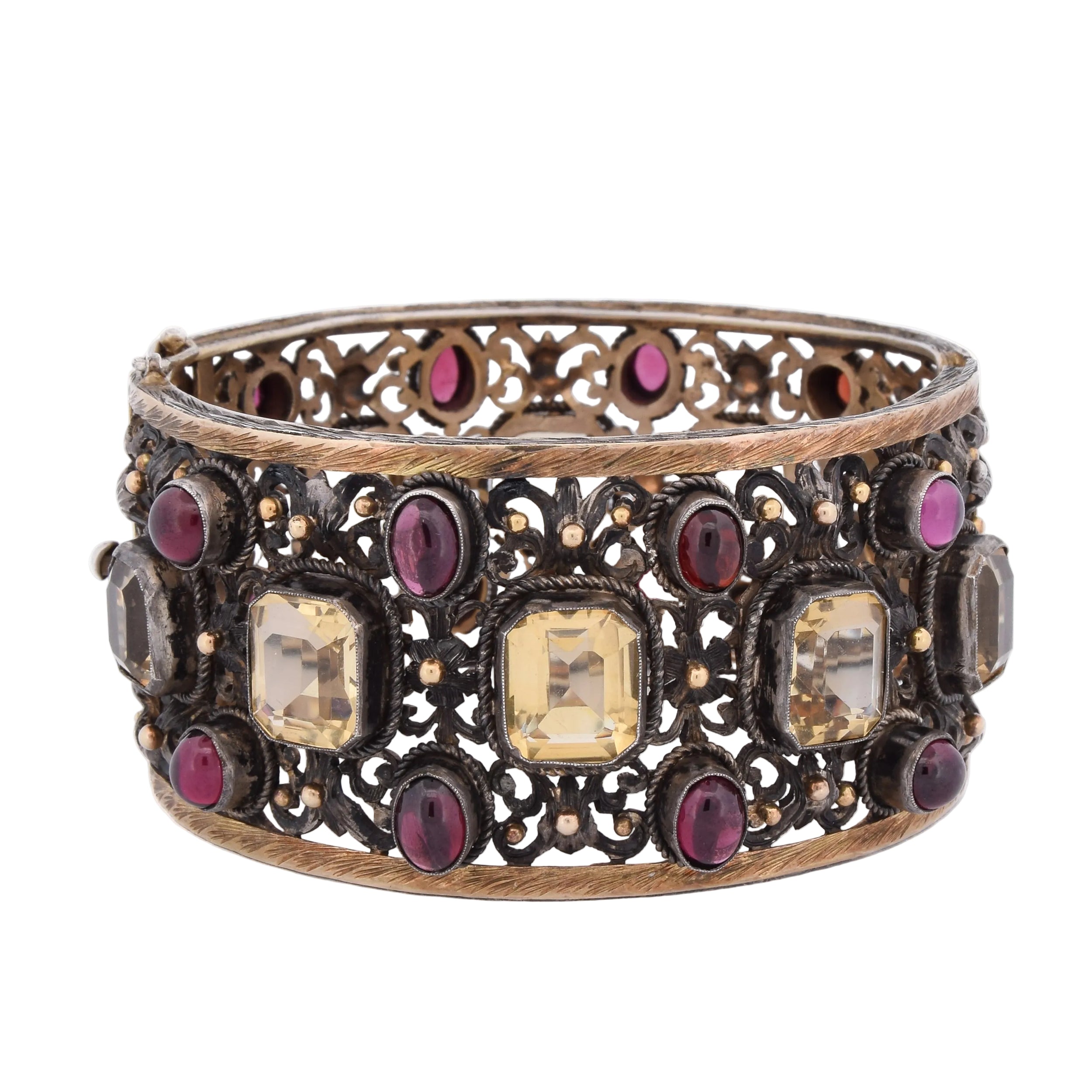 Bracelet Manchette en or jaune, argent, béryls et grenats