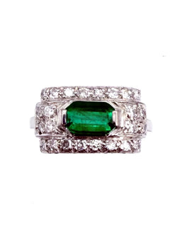 Bague Art-Déco en or, platine, émeraude et diamants