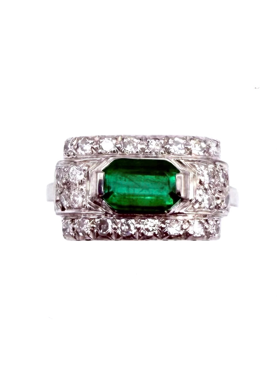 Bague Art-Déco en or, platine, émeraude et diamants