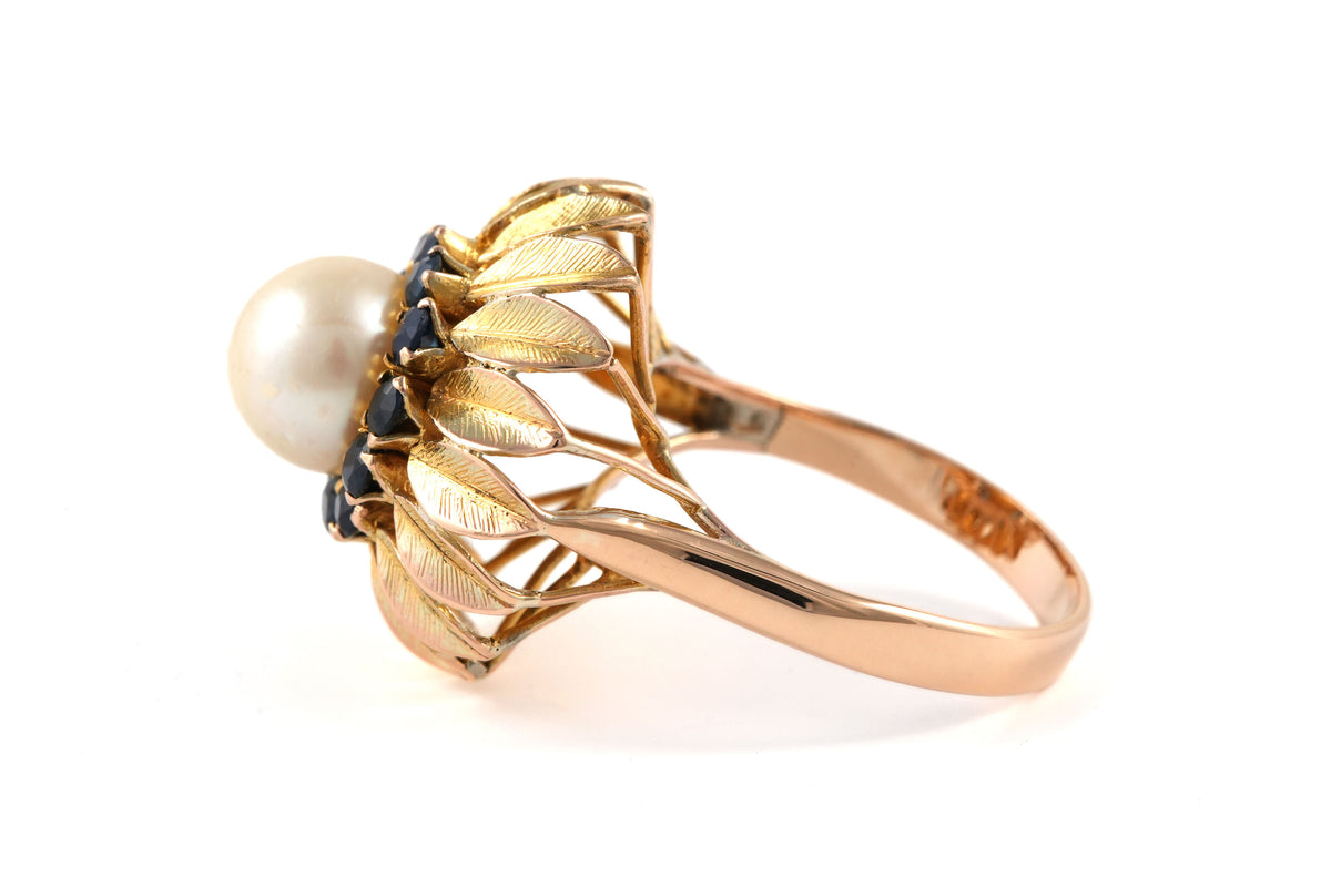 Bague Dôme en or jaune, perle et saphirs