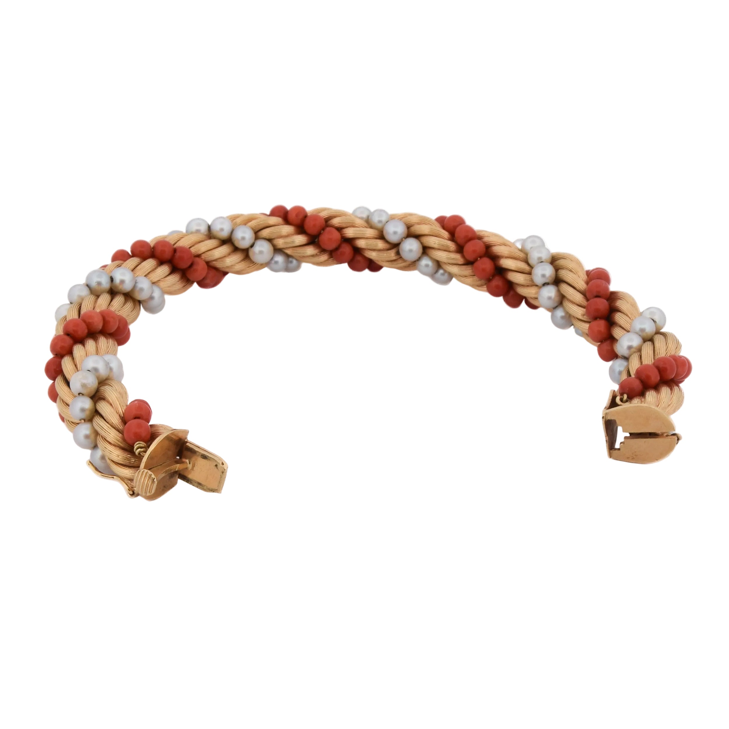 Parure en or jaune, corail et perles