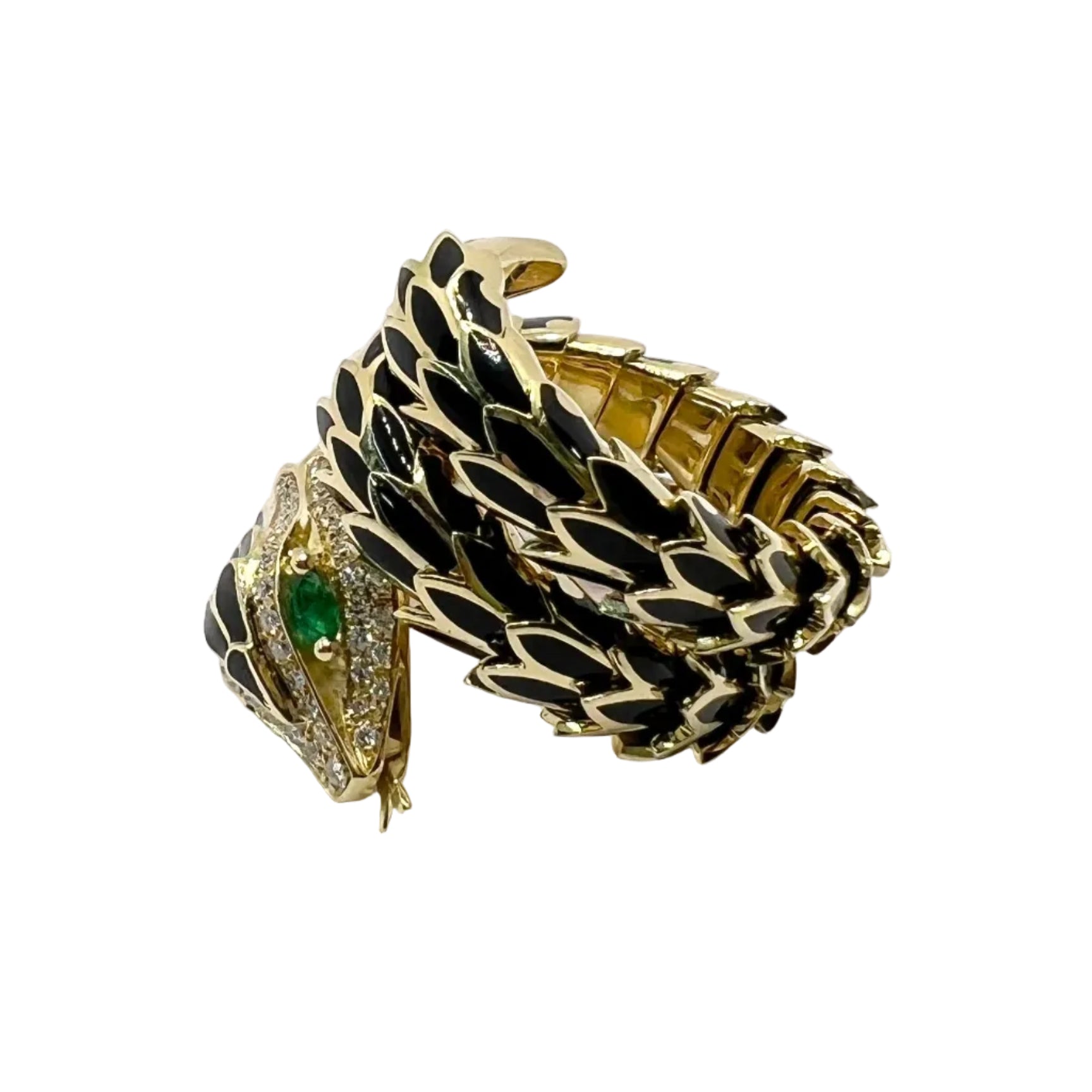 Bague en or jaune, émail, émeraudes et diamants