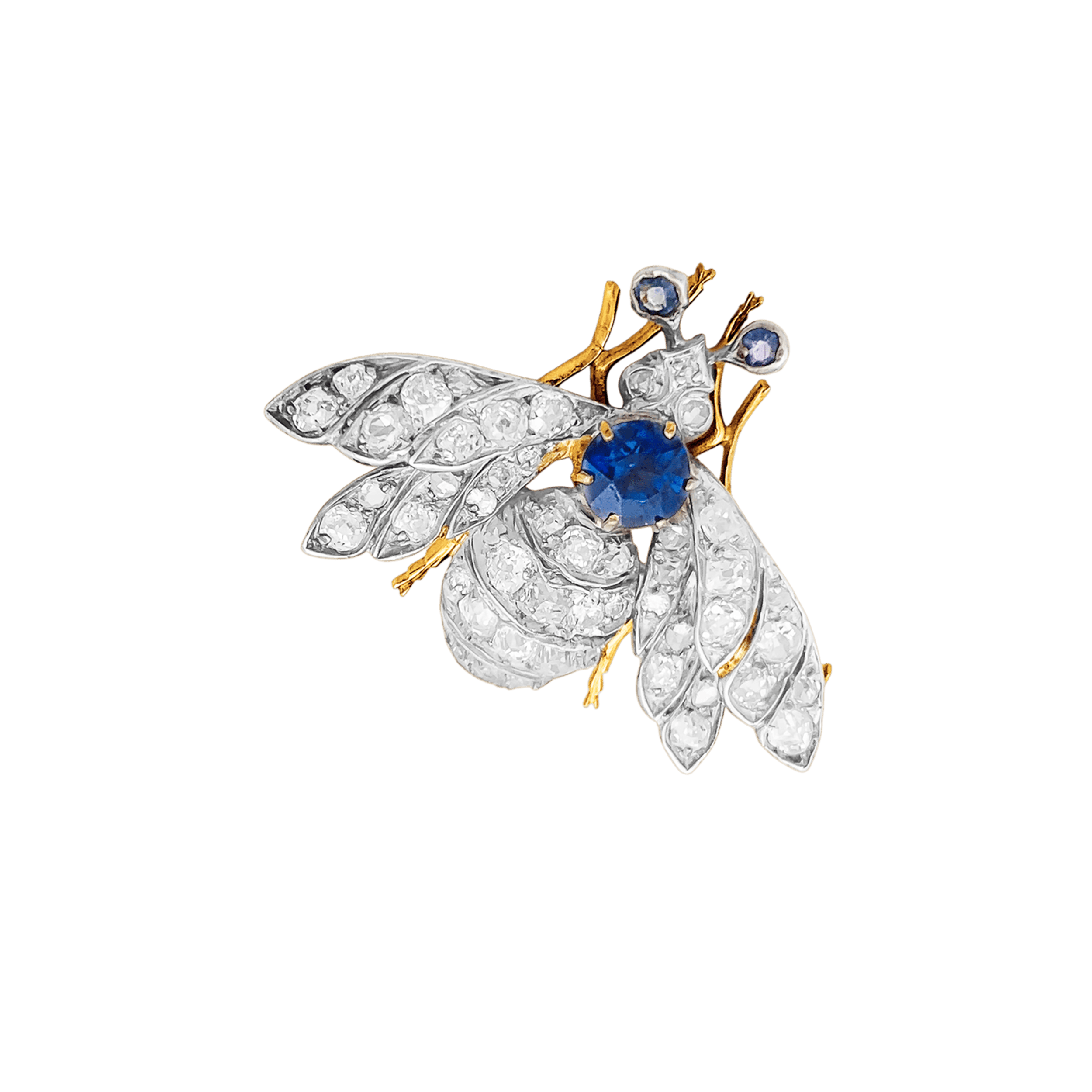 Broche ancienne "Abeille", or jaune, argent, saphir et diamants.