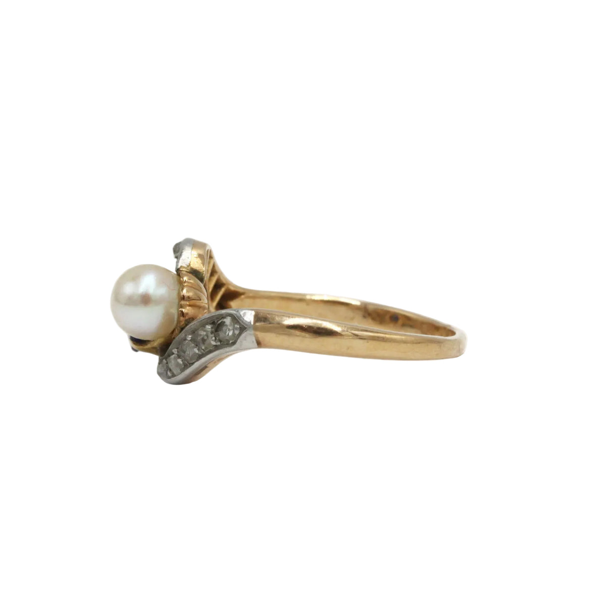 Bague Toi & Moi en or jaune, platine, saphir, perle, et diamants