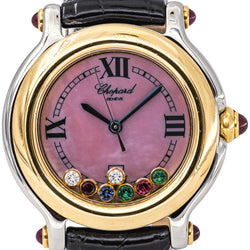 Montre CHOPARD "Happy Sport" en or jaune, acier, nacre, cuir, rubis, émeraudes, saphir et diamants