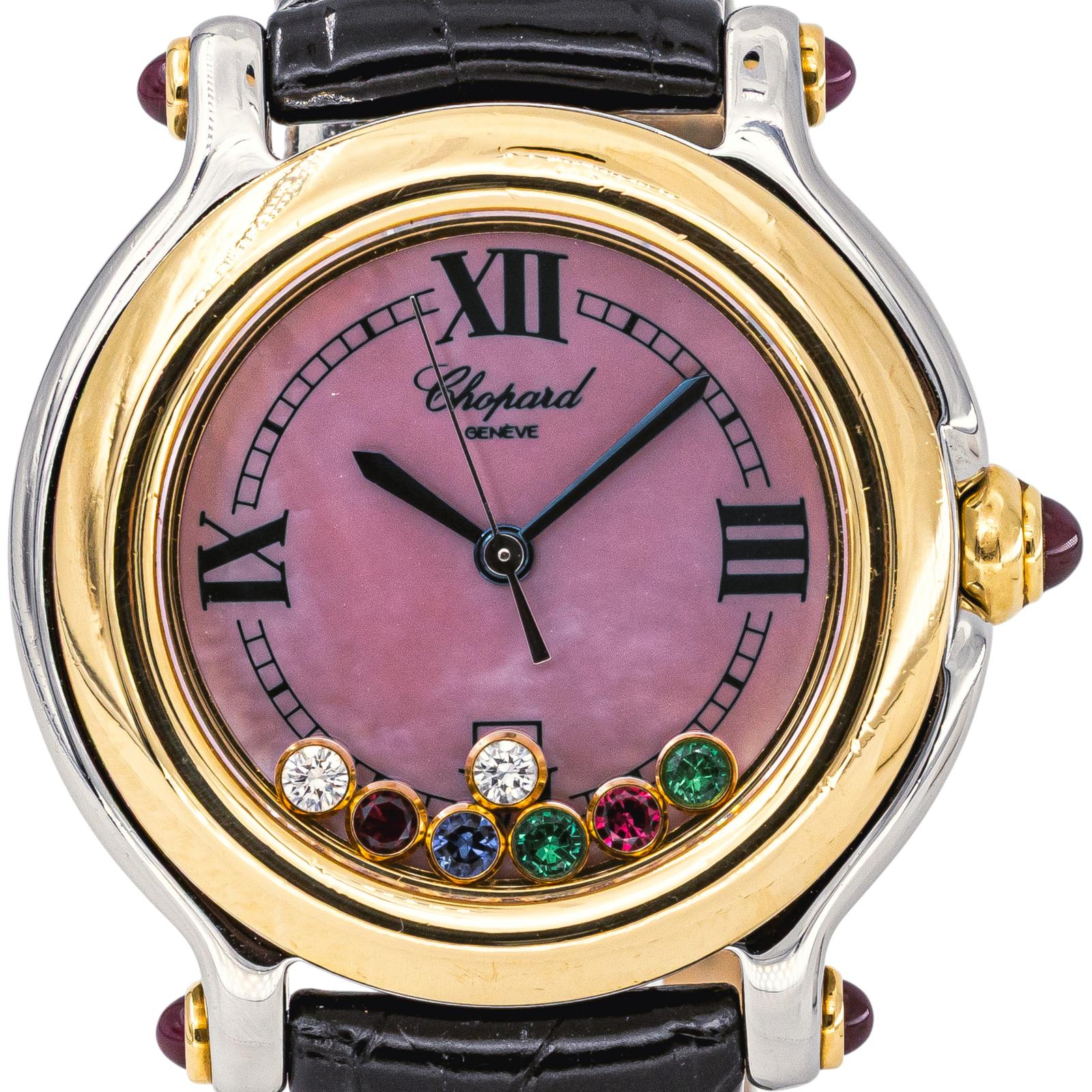 Montre CHOPARD "Happy Sport" en or jaune, acier, nacre, cuir, rubis, émeraudes, saphir et diamants