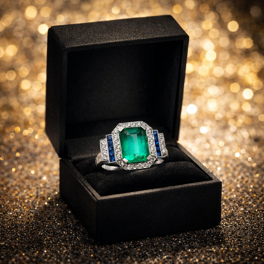 Bague Entourage en or blanc, émeraude, saphirs et diamants