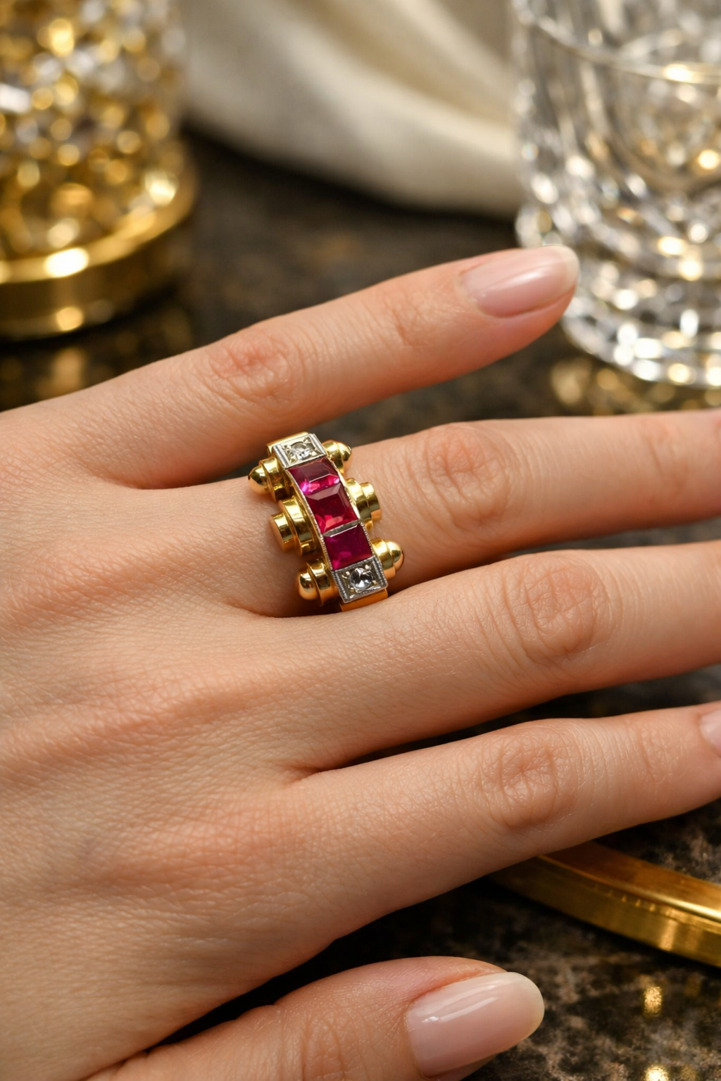 Bague Tank en or jaune, platine, rubis, et diamants