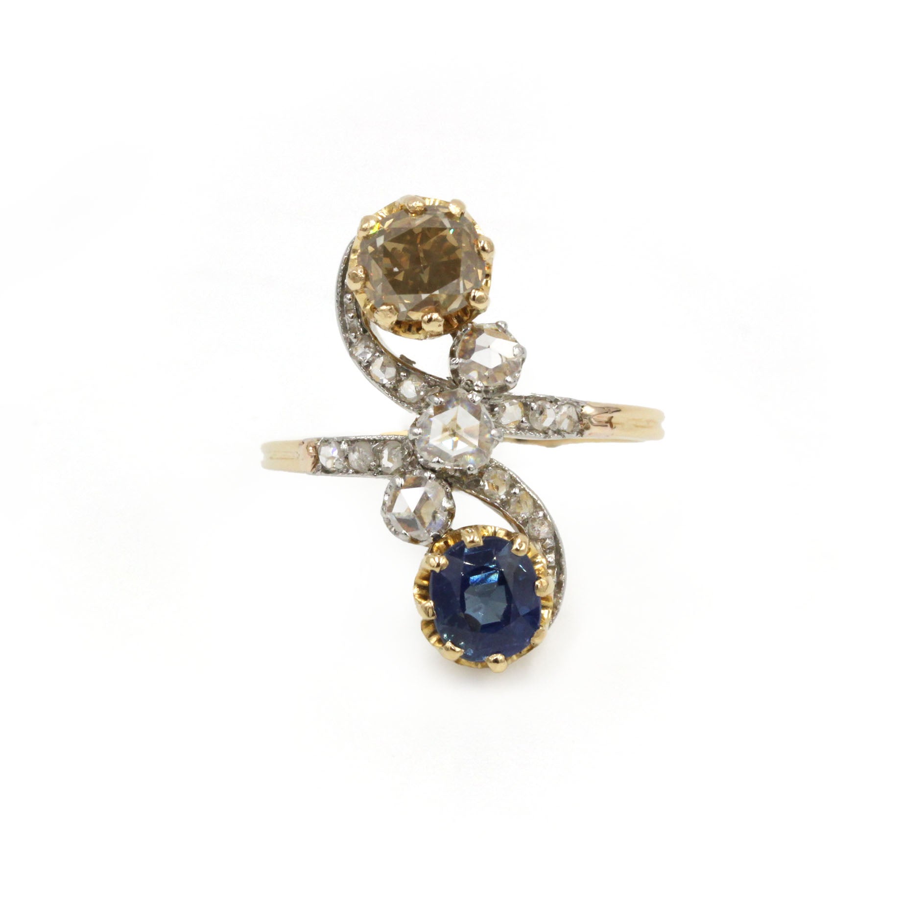 Bague Toi & Moi en or, platine, saphir et diamants