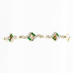 Bracelet Art Deco en or jaune, platine, perles, émeraudes et diamants