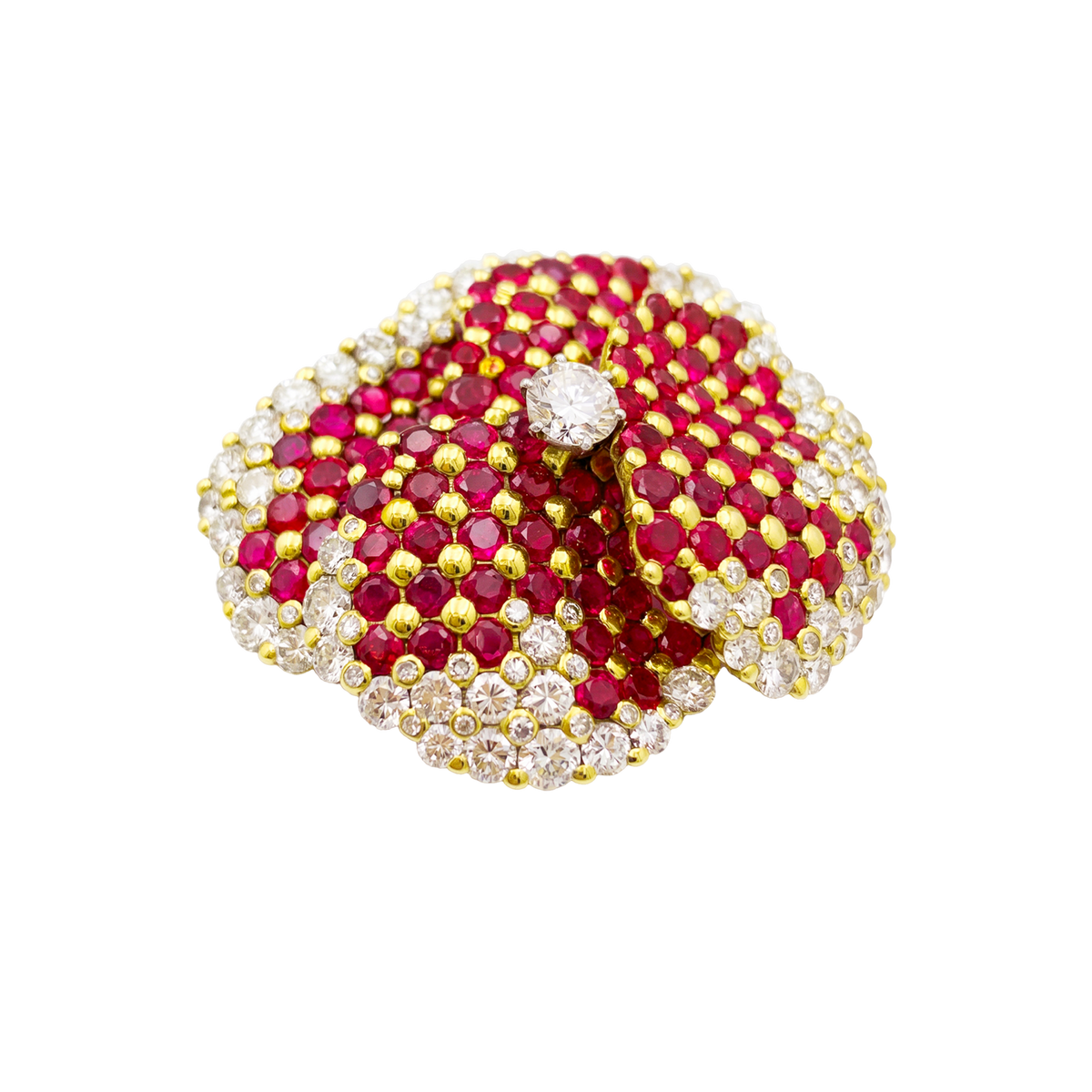 Broche Clip "Pensée" en or jaune, rubis et diamants