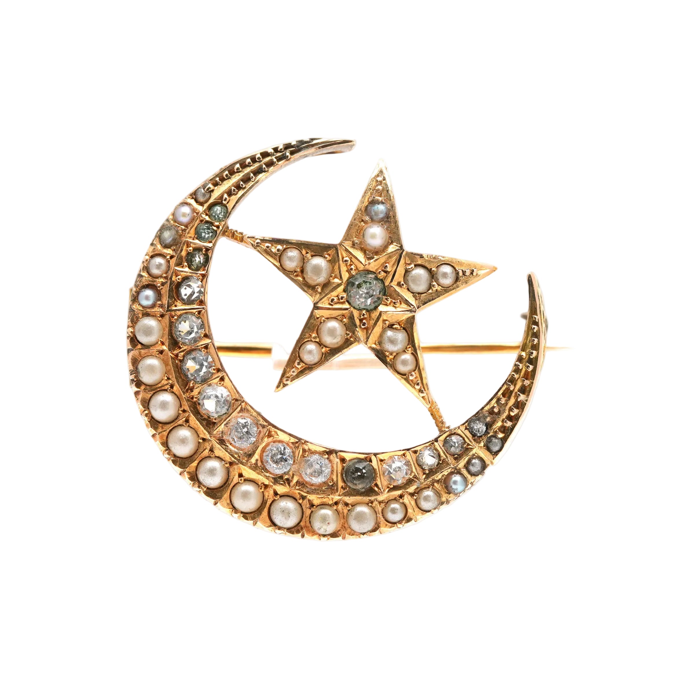 Broche Épingle en or jaune, perles et strass