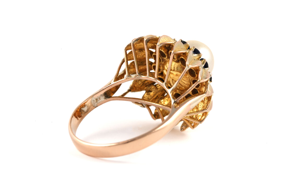 Bague Dôme en or jaune, perle et saphirs