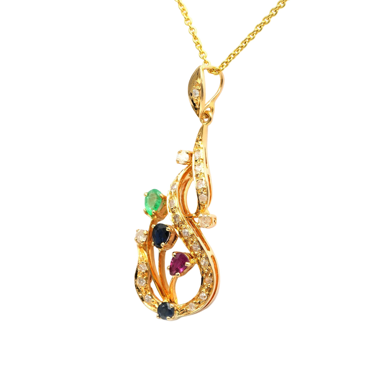 Pendentif en or jaune, rubis, saphirs, émeraudes et diamants