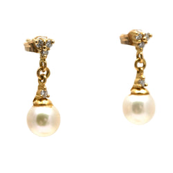 Boucles d'oreilles Pendantes en or jaune, perles et diamants