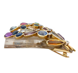 Broche Épingle en or blanc, or jaune, cristal de roche, émeraudes, saphirs, aigues-marines, citrines, améthystes et tourmalines