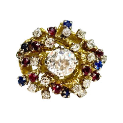 Bague ancienne or jaune, rubis, saphirs, et diamants