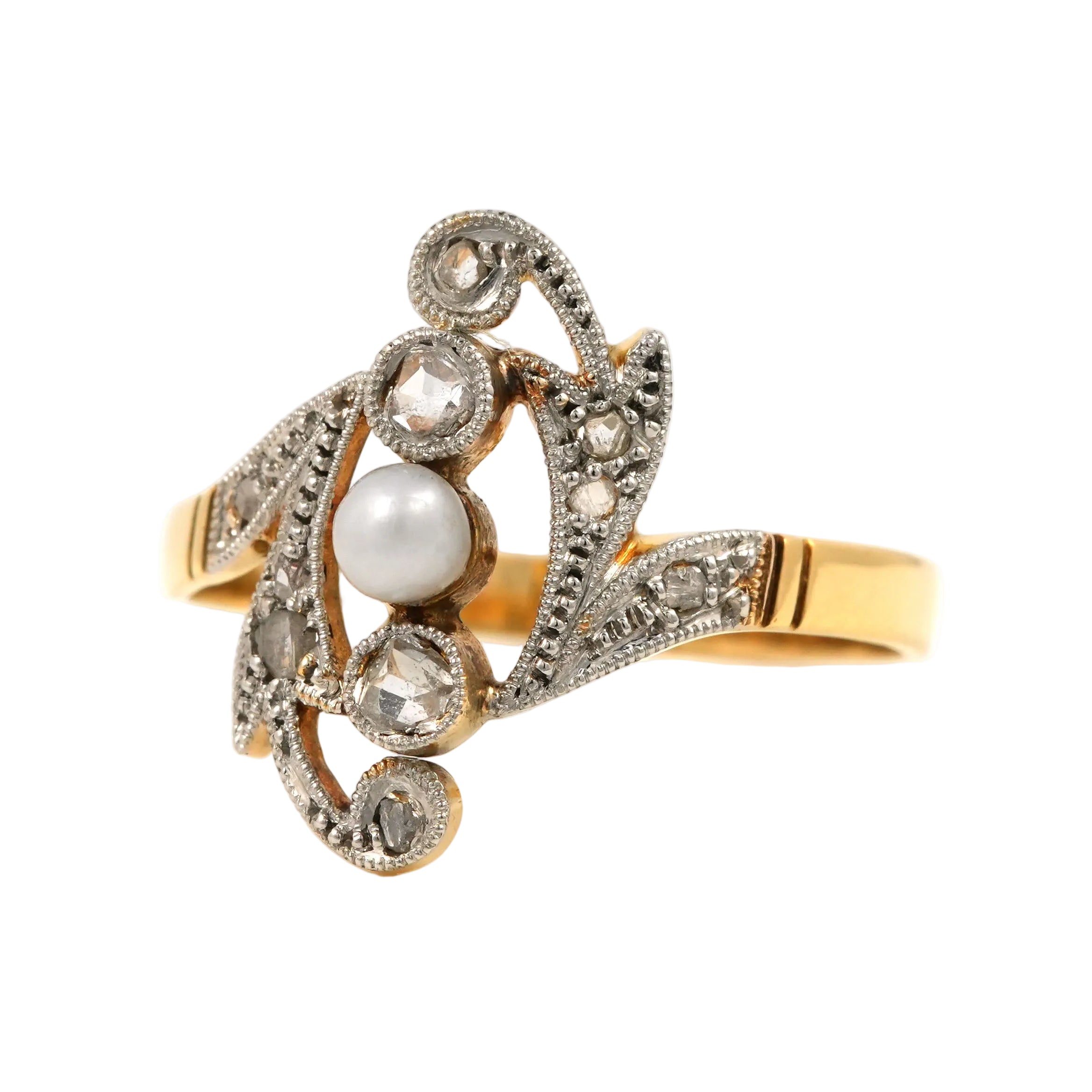 Bague en or jaune, perle et diamants