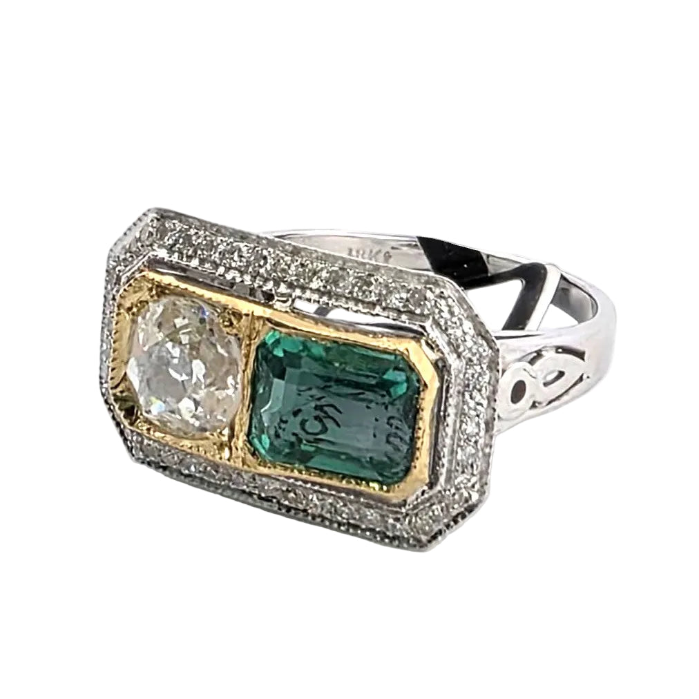 Bague Toi & Moi en or blanc, or jaune, émeraude et diamants