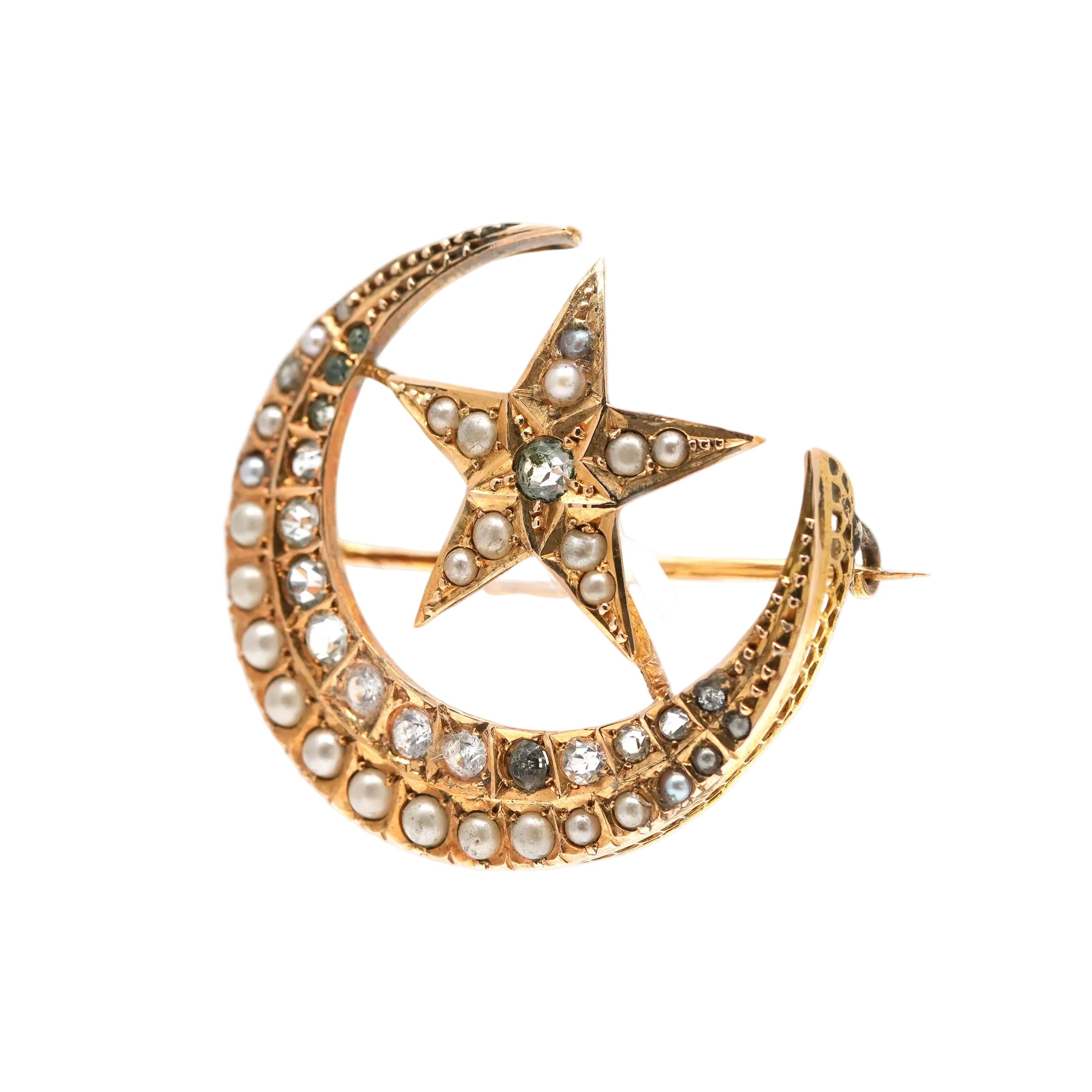 Broche Épingle en or jaune, perles et strass