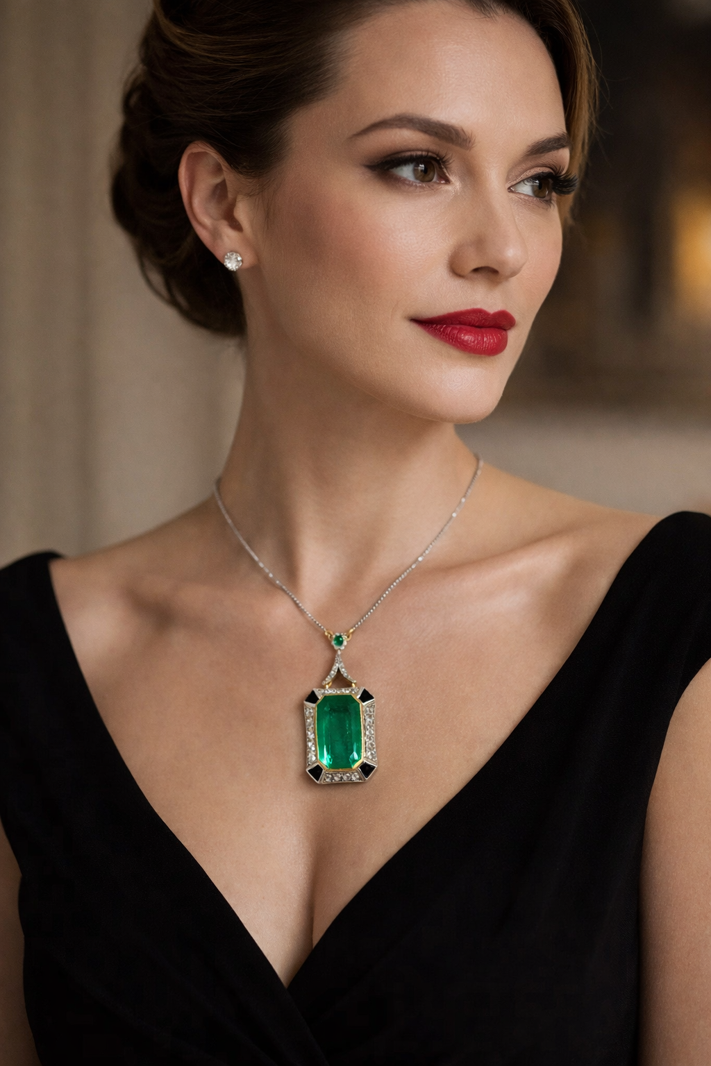 Collier Pendentif en or blanc, or jaune, platine, émeraude et diamants