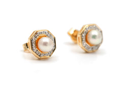 Boucles d'oreilles Puces en or jaune, perles et diamants