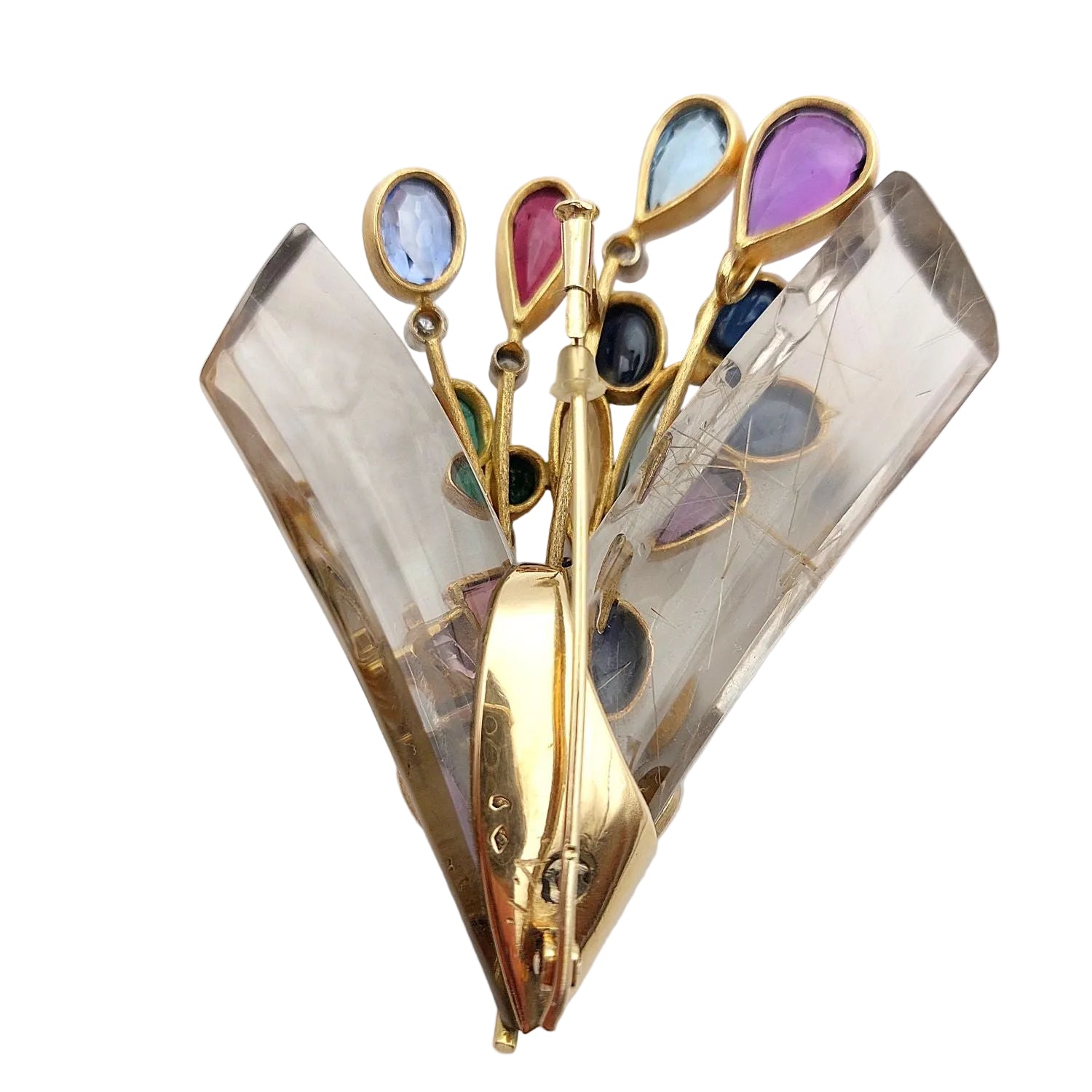 Broche Épingle en or blanc, or jaune, cristal de roche, émeraudes, saphirs, aigues-marines, citrines, améthystes et tourmalines