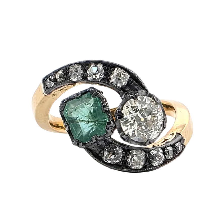 Bague Toi & Moi en or jaune, argent, émeraude et diamants
