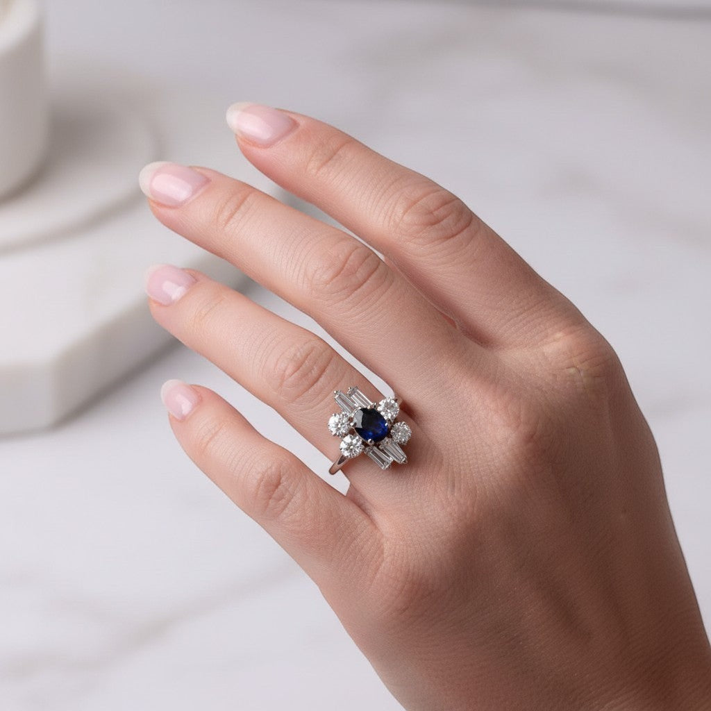 Bague Cocktail en or blanc, saphir et diamants