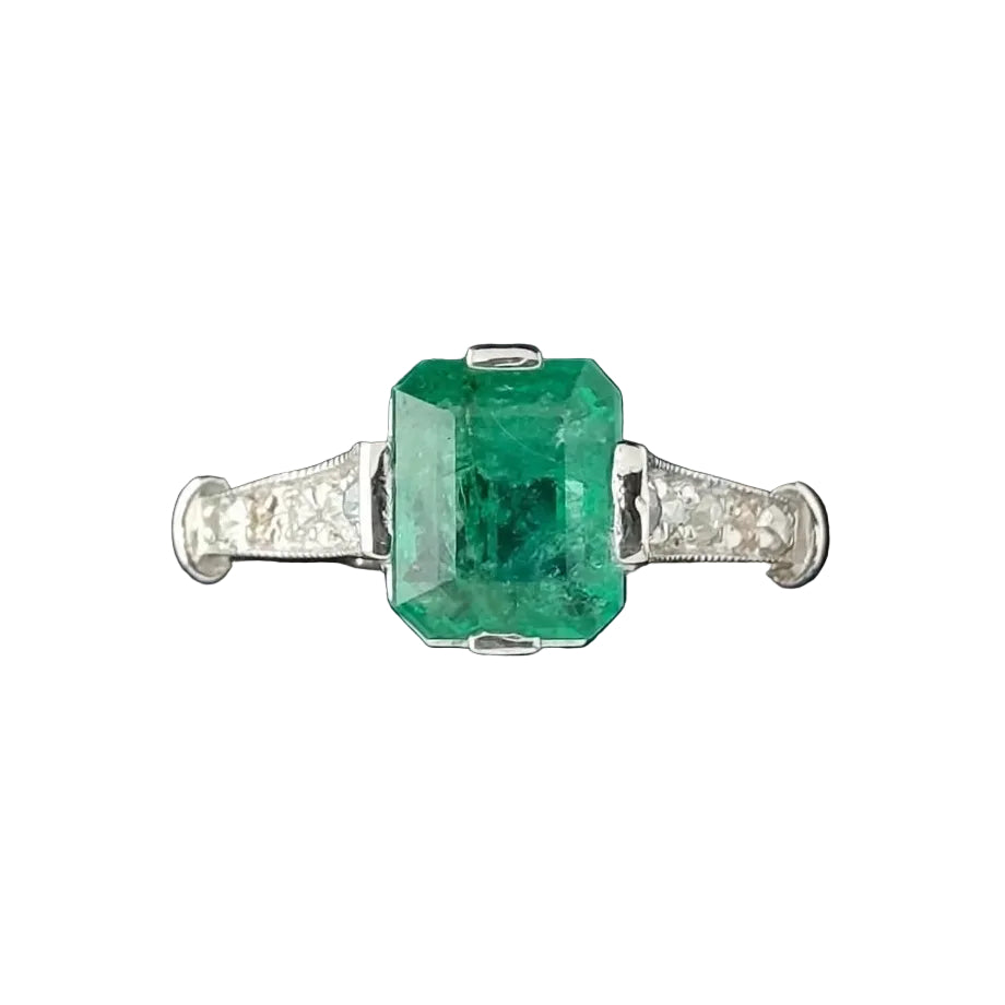 Bague Solitaire en or blanc, émeraude et diamants