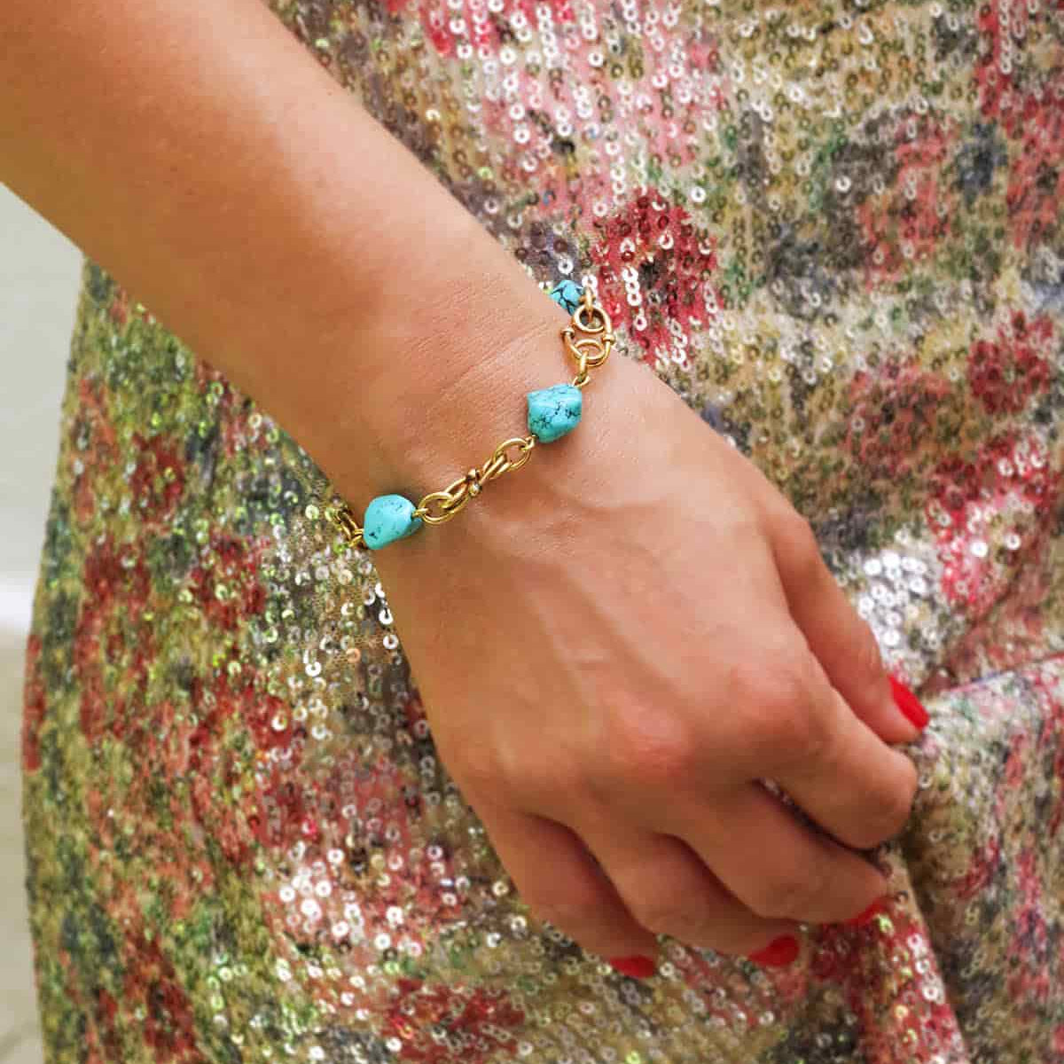 Bracelet Maille en or jaune et turquoises