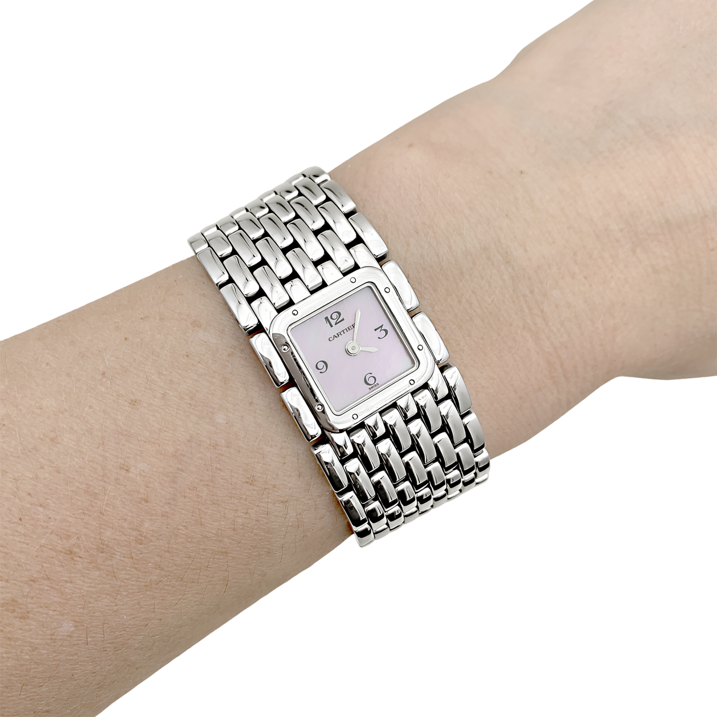 Montre Cartier "Panthère ruban" en acier et nacre.