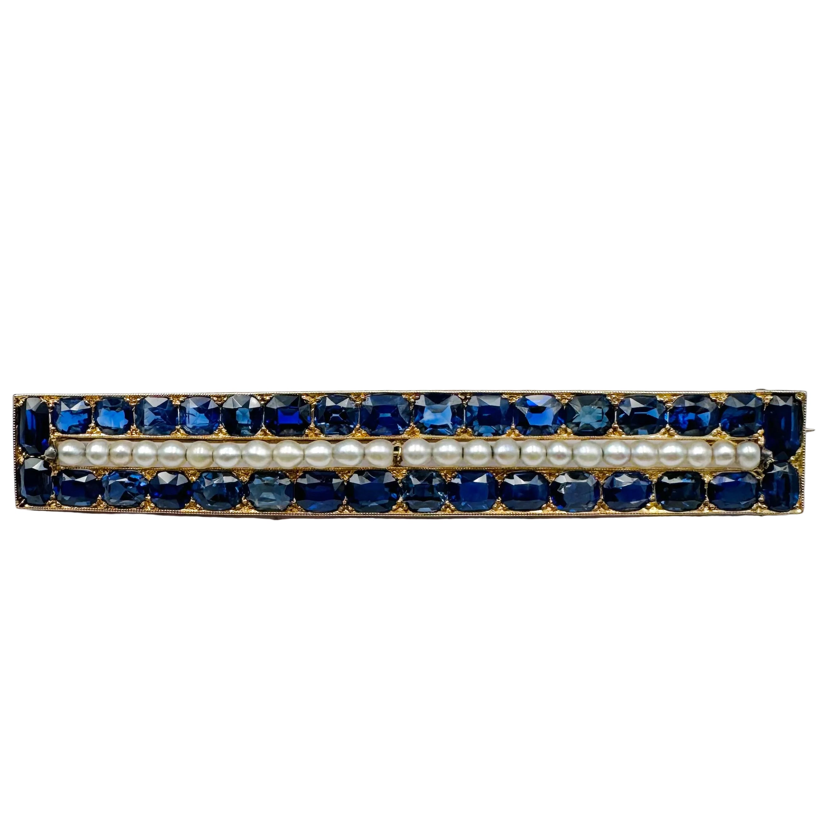 Broche Barrette en or jaune, perles et saphirs