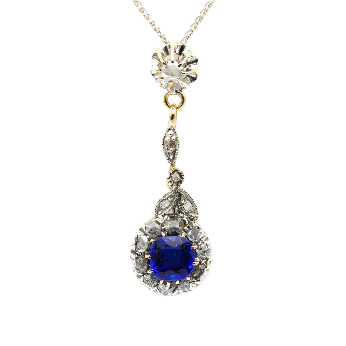 Collier Pendentif en or jaune, argent, saphir et diamants