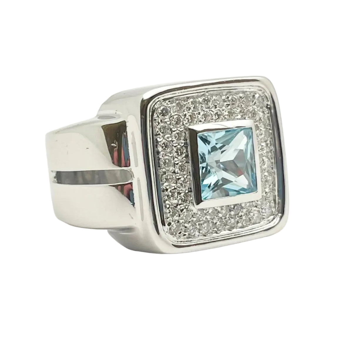 Bague Chevalière en or blanc, topaze et diamants