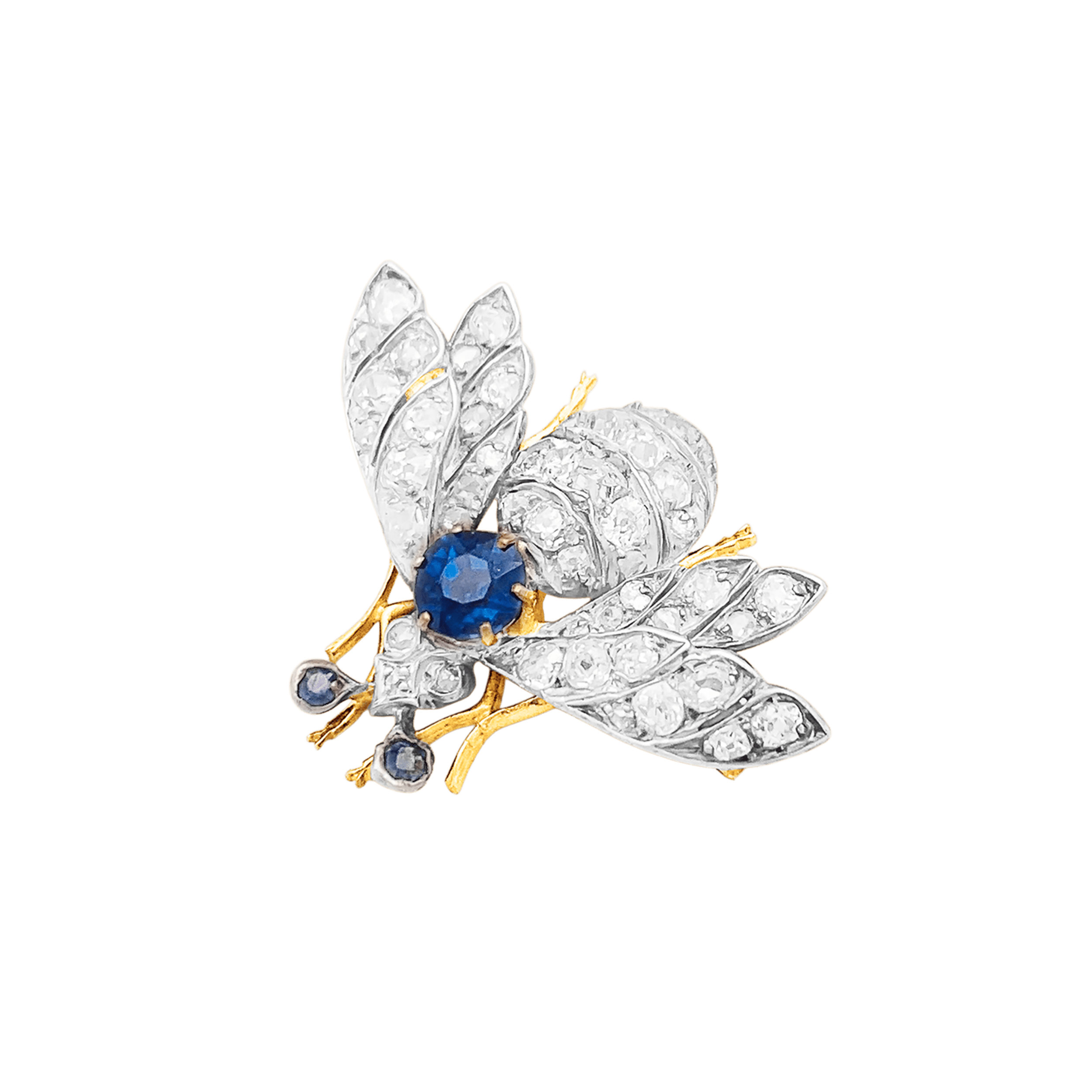 Broche ancienne "Abeille", or jaune, argent, saphir et diamants.