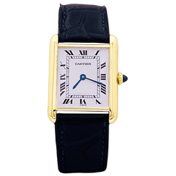 Montre Cartier, "Tank Louis Cartier", or jaune, bracelet cuir.