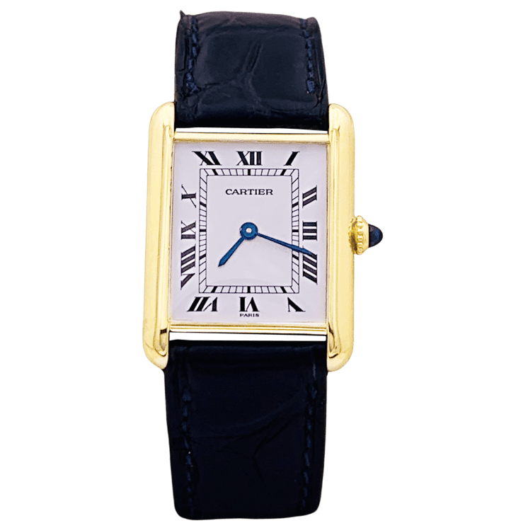 Montre Cartier, "Tank Louis Cartier", or jaune, bracelet cuir.