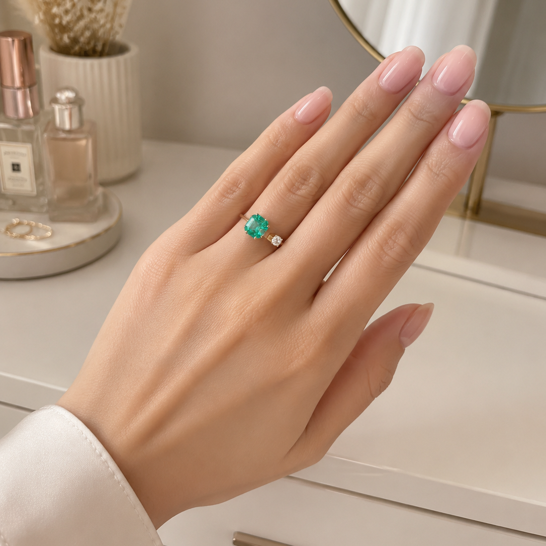 Bague Solitaire en or jaune, émeraude et diamant