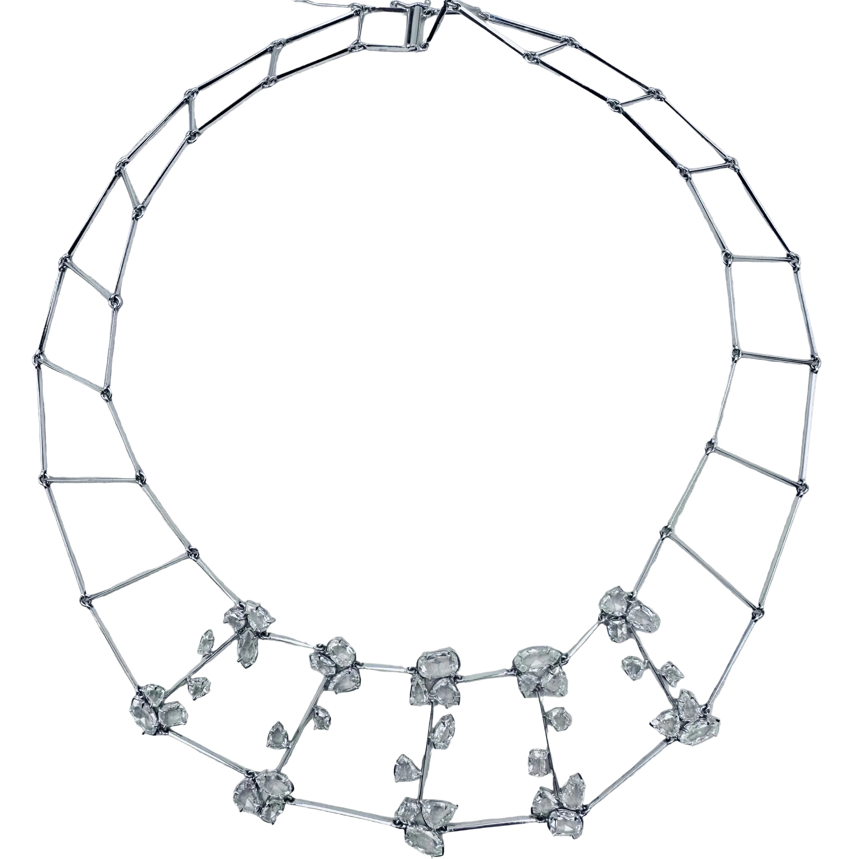 Collier plastron en or blanc et diamants taille rose