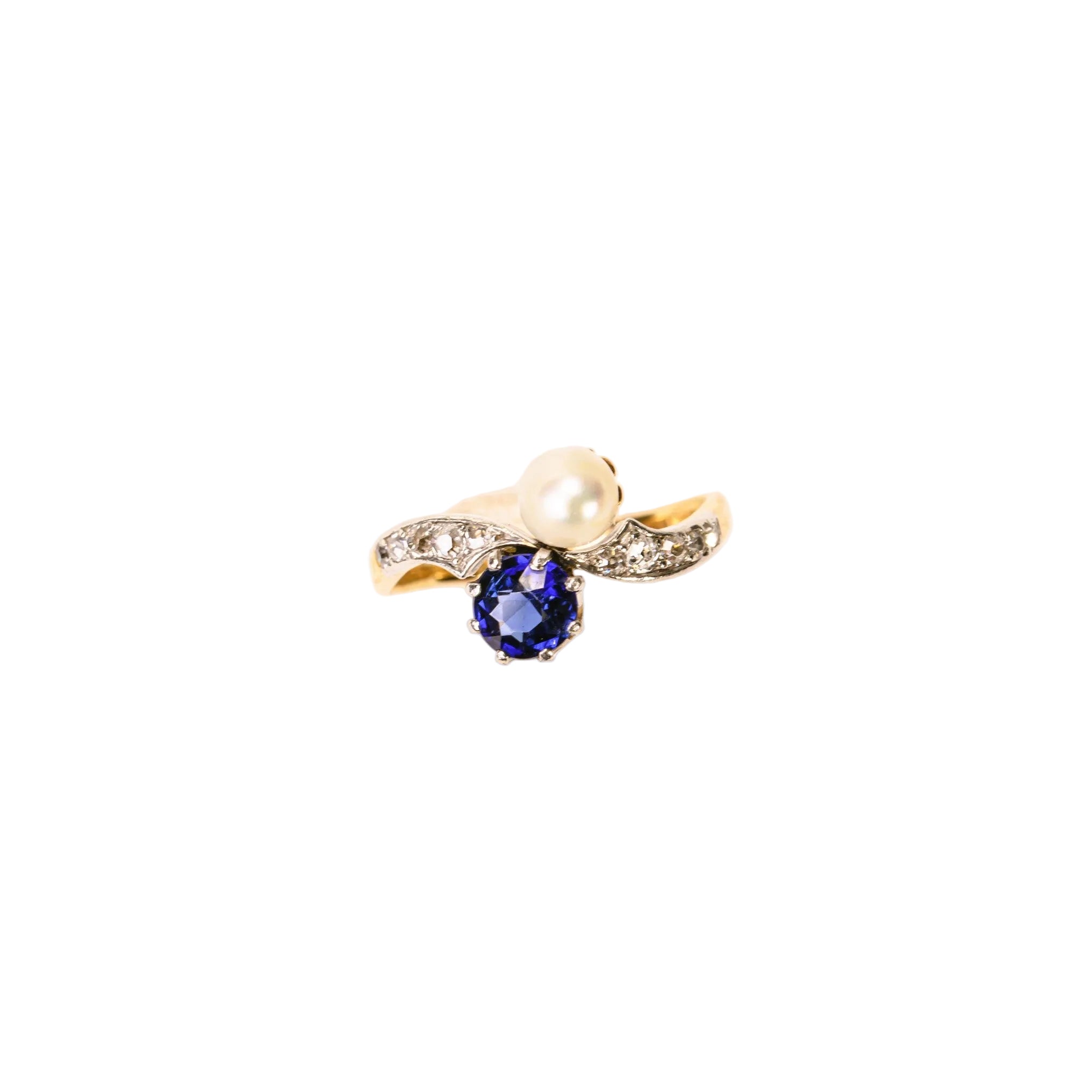 Bague Toi et Moi en or jaune, platine, saphir, perle de culture, et diamants