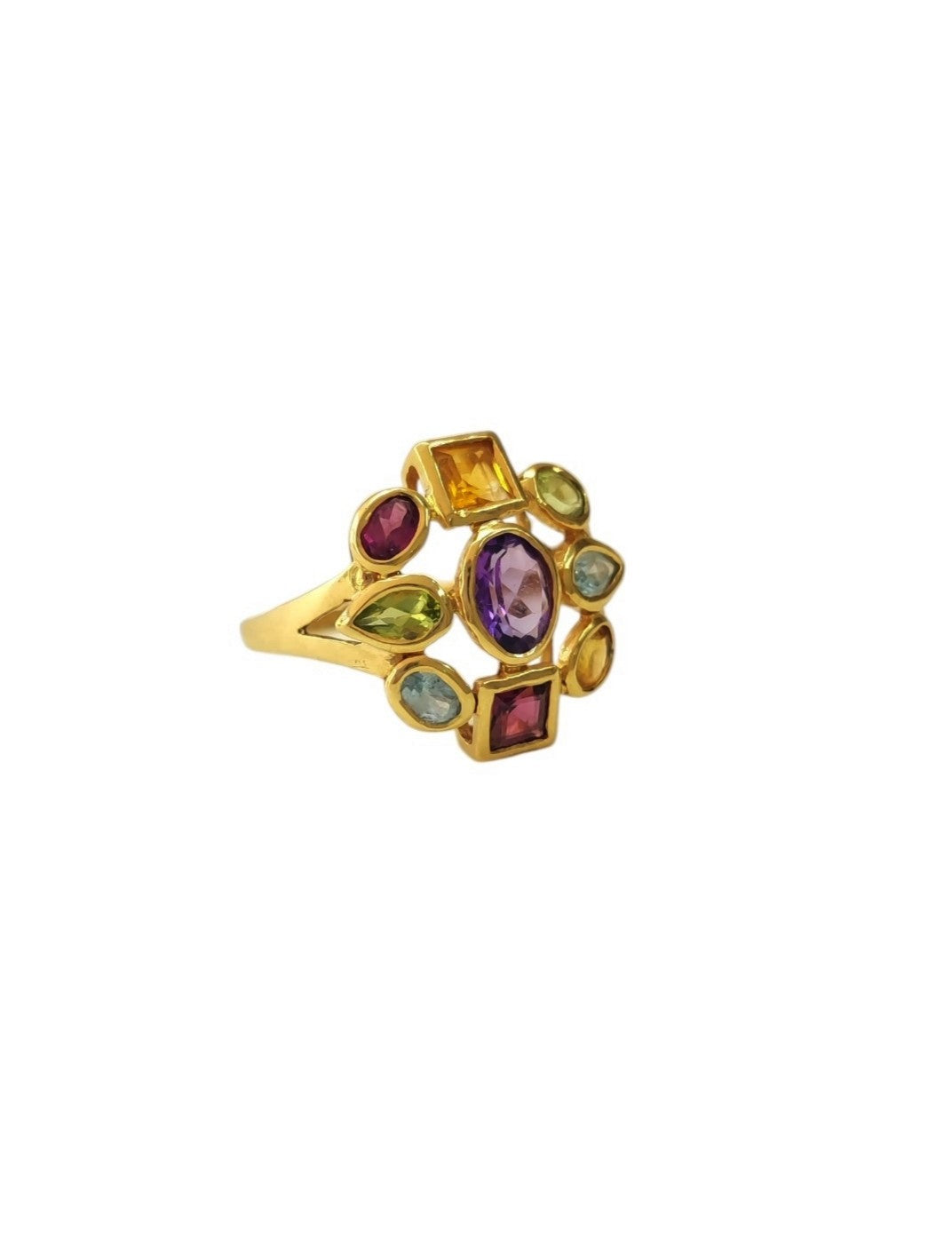 Bague Cocktail en or jaune, améthyste, péridots, aigues-marines, citrines et rhodolites