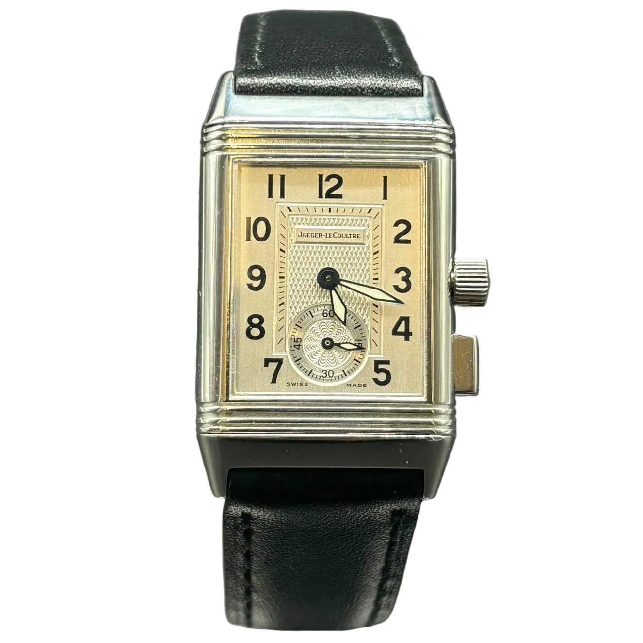 Montre JAEGER-LECOULTRE "Reverso Memory" en argent, acier et cuir