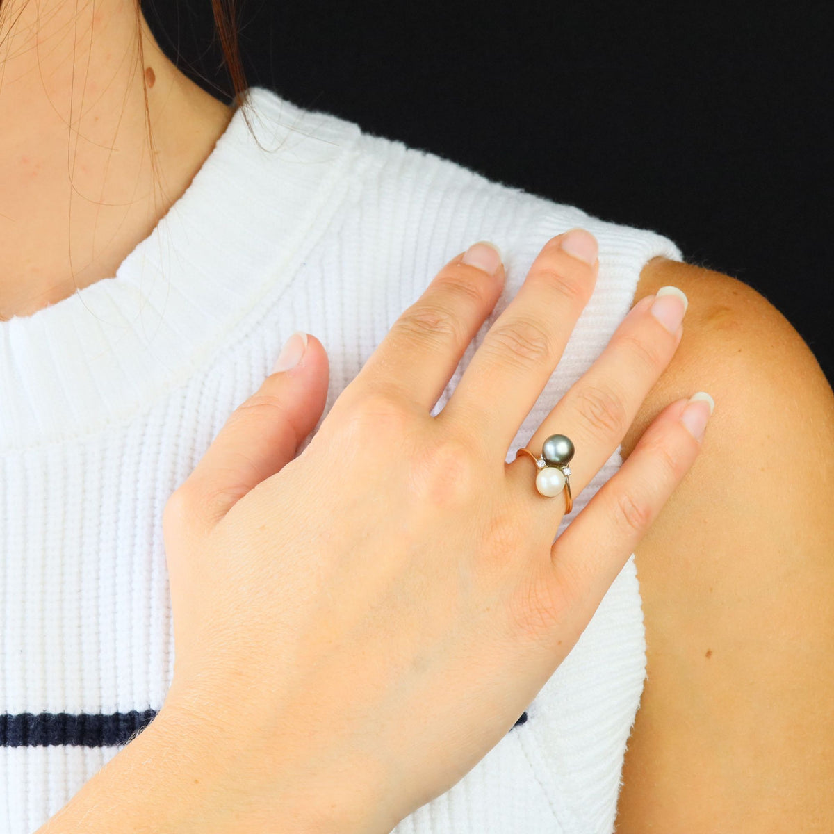 Bague Toi & Moi en or rose, perles et diamants