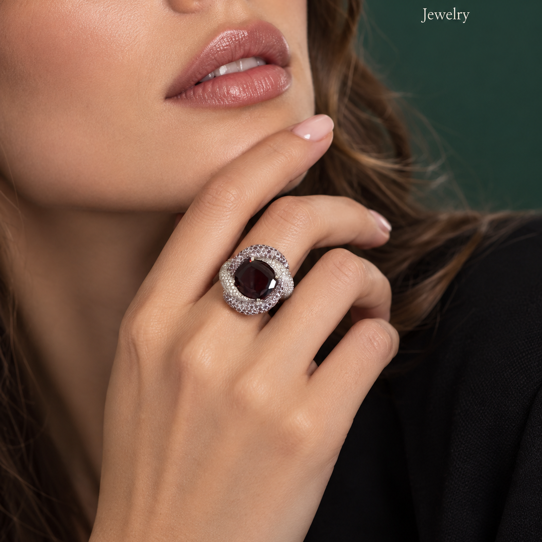 Bague Entourage en or blanc, grenat, améthystes et diamants