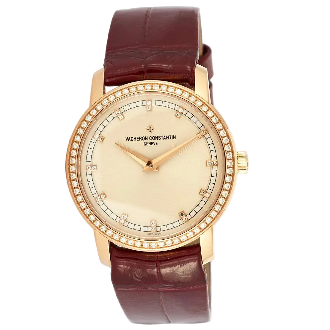 Montre VACHERON CONSTANTIN Patrimony PM en or rose, cuir et diamants