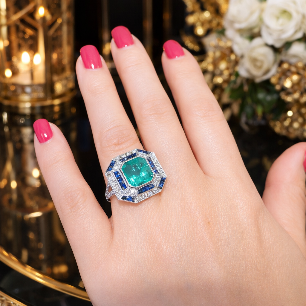 Bague Cocktail en or blanc, émeraude, saphirs et diamants
