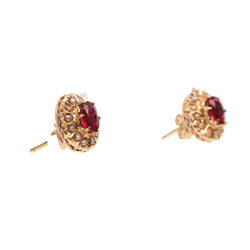 Boucles d'oreilles Puces en or jaune, perles et rubis