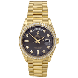 Montre Rolex, "Oyster Perpetual Day-Date", or jaune, diamants.